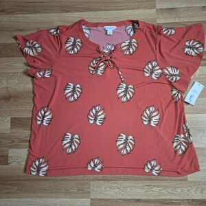 Liz Claiborne Top Women's 1X Orange Leaf Tropical Split Tie-Neck Coastal - NWT